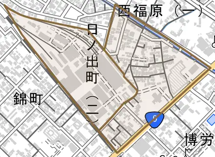 日ノ出町とその周辺の地図。町の範囲を重ねている