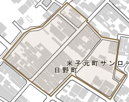 日野町とその周辺の地図。町の範囲を重ねている