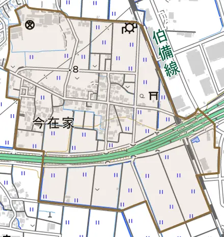 今在家とその周辺の地図。町の範囲を重ねている