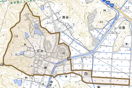 石井とその周辺の地図。町の範囲を重ねている