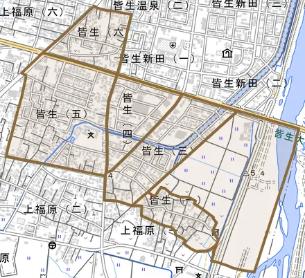 皆生とその周辺の地図。町の範囲を重ねている