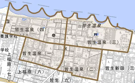 皆生温泉とその周辺の地図。町の範囲を重ねている