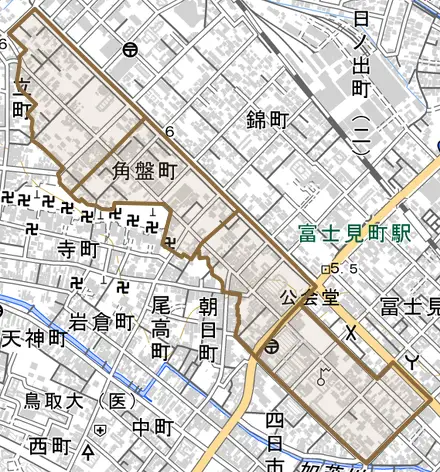 角盤町とその周辺の地図。町の範囲を重ねている
