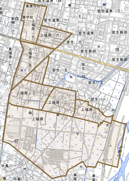 上福原とその周辺の地図。町の範囲を重ねている