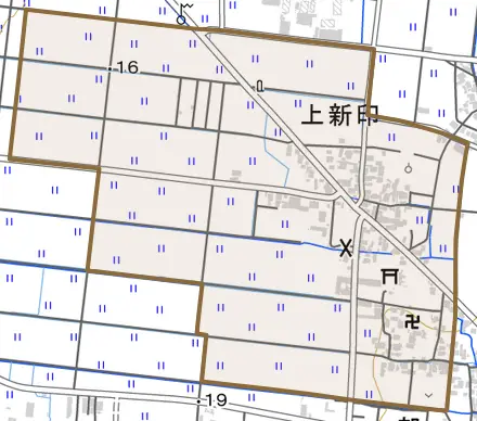 上新印とその周辺の地図。町の範囲を重ねている