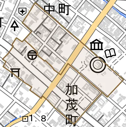 加茂町とその周辺の地図。町の範囲を重ねている