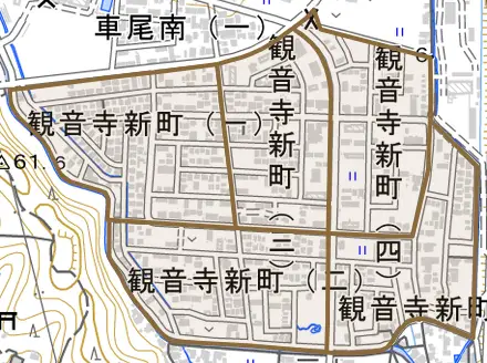 観音寺新町とその周辺の地図。町の範囲を重ねている