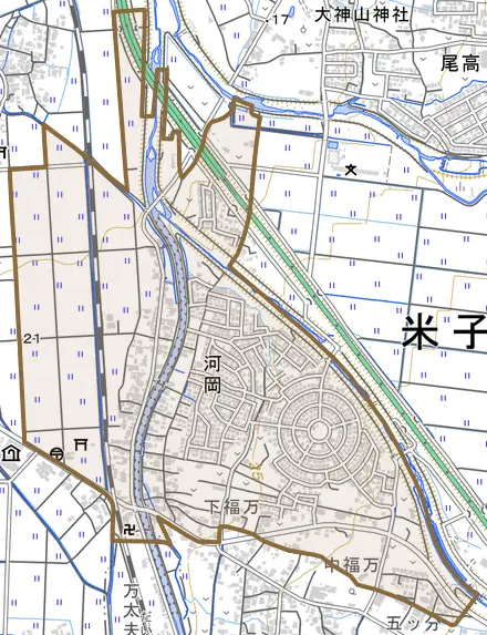 河岡とその周辺の地図。町の範囲を重ねている