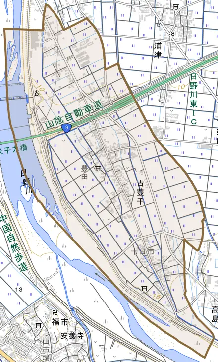 古豊千とその周辺の地図。町の範囲を重ねている