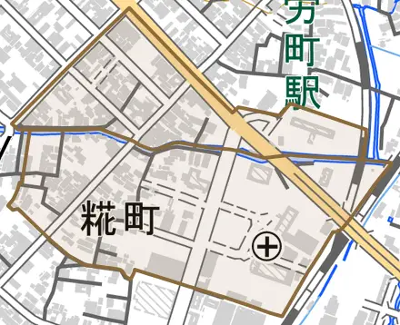 糀町とその周辺の地図。町の範囲を重ねている