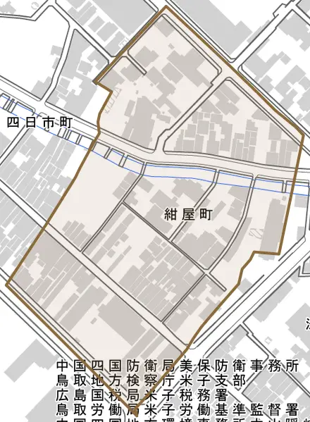 紺屋町とその周辺の地図。町の範囲を重ねている