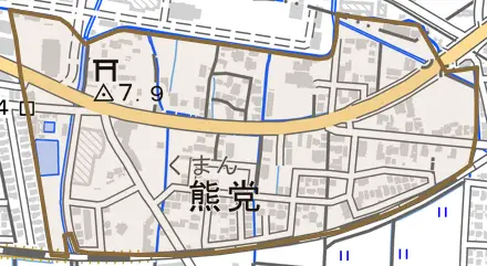 熊党とその周辺の地図。町の範囲を重ねている