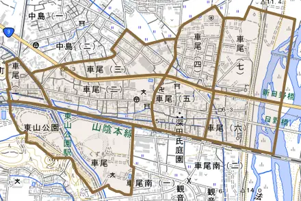 車尾とその周辺の地図。町の範囲を重ねている