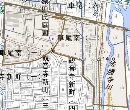 車尾南とその周辺の地図。町の範囲を重ねている