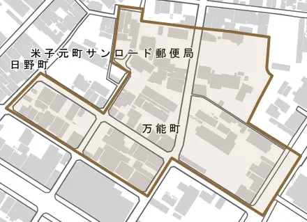 万能町とその周辺の地図。町の範囲を重ねている