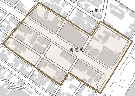 明治町とその周辺の地図。町の範囲を重ねている