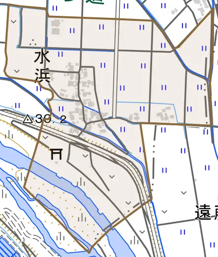 水浜とその周辺の地図。町の範囲を重ねている