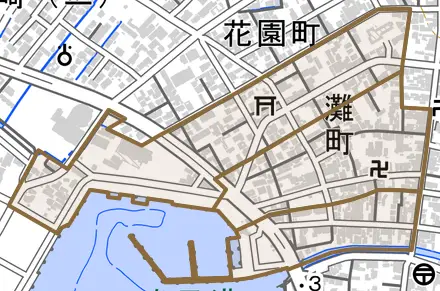 灘町とその周辺の地図。町の範囲を重ねている