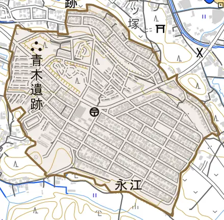 永江とその周辺の地図。町の範囲を重ねている