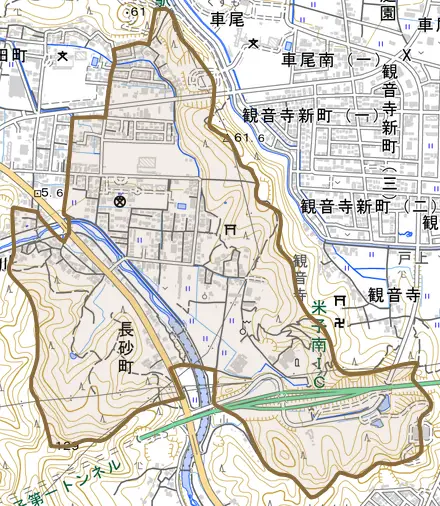 長砂町とその周辺の地図。町の範囲を重ねている