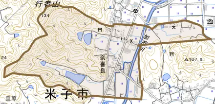 奈喜良とその周辺の地図。町の範囲を重ねている