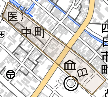 中町とその周辺の地図。町の範囲を重ねている