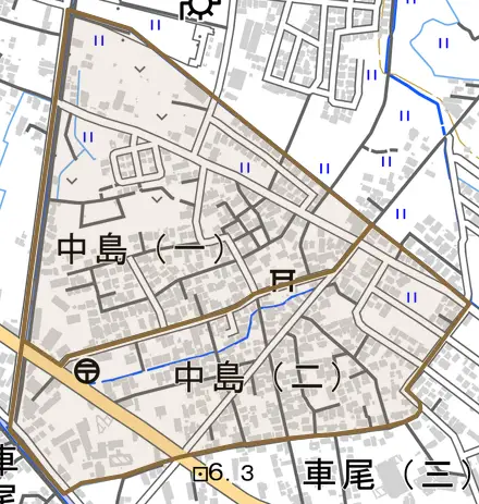 中島とその周辺の地図。町の範囲を重ねている