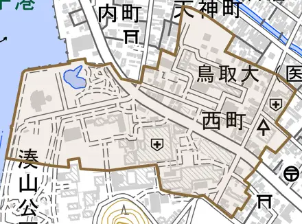 西町とその周辺の地図。町の範囲を重ねている