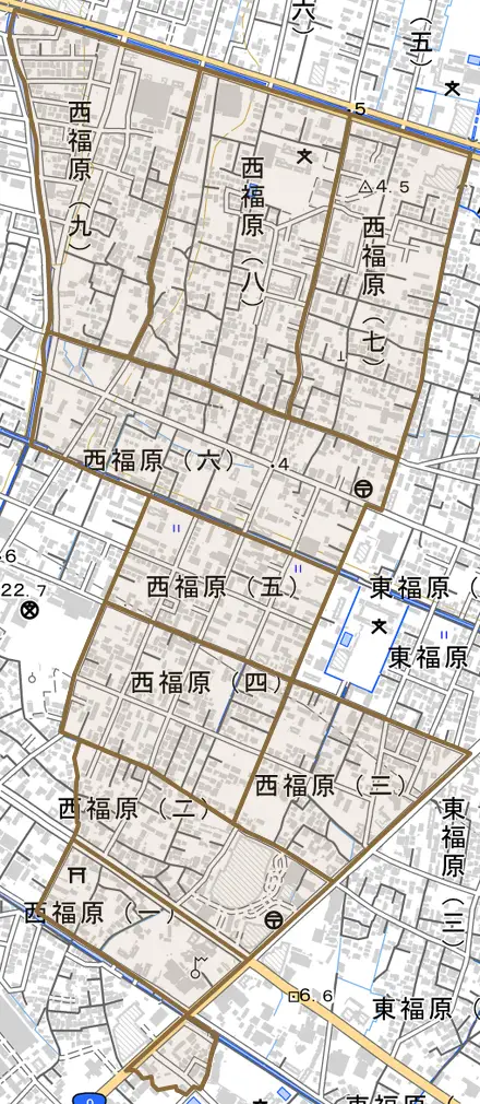 西福原とその周辺の地図。町の範囲を重ねている