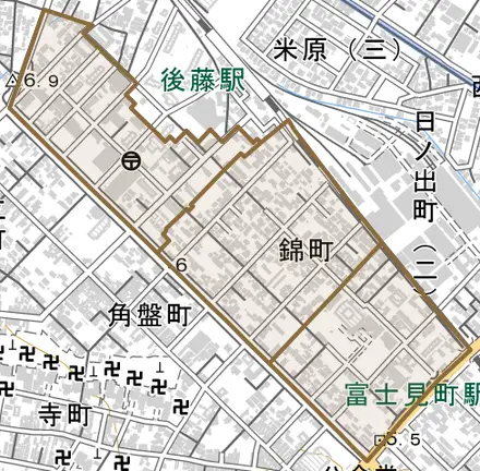 錦町とその周辺の地図。町の範囲を重ねている