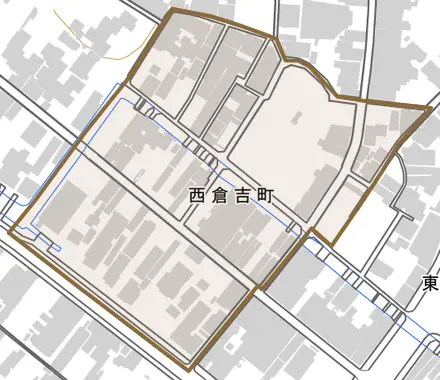 西倉吉町とその周辺の地図。町の範囲を重ねている
