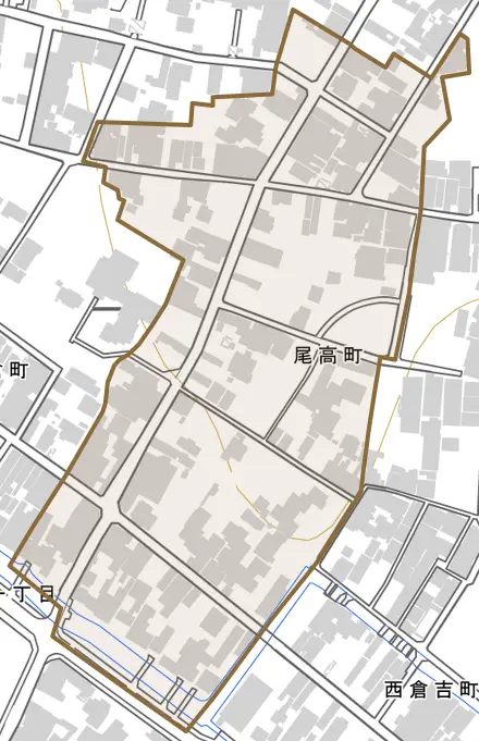 尾高町とその周辺の地図。町の範囲を重ねている