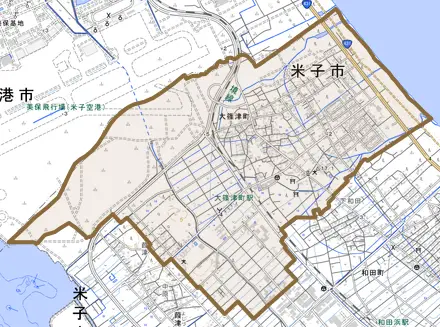 大篠津町とその周辺の地図。町の範囲を重ねている