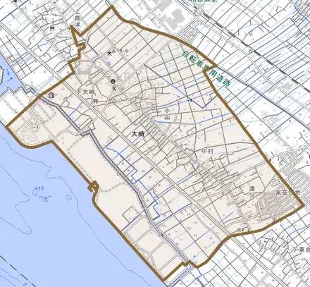 大崎とその周辺の地図。町の範囲を重ねている