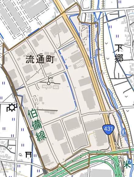 流通町とその周辺の地図。町の範囲を重ねている