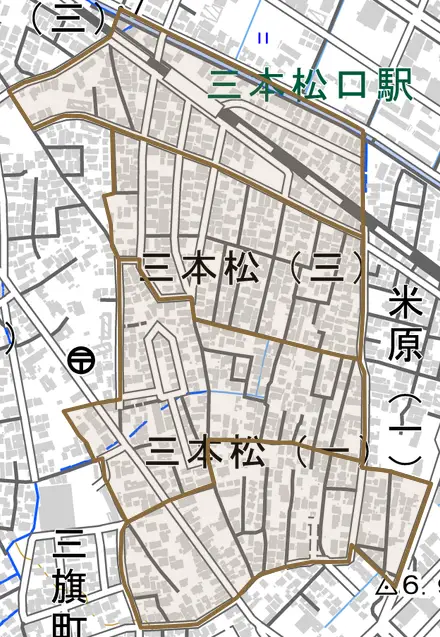 三本松とその周辺の地図。町の範囲を重ねている