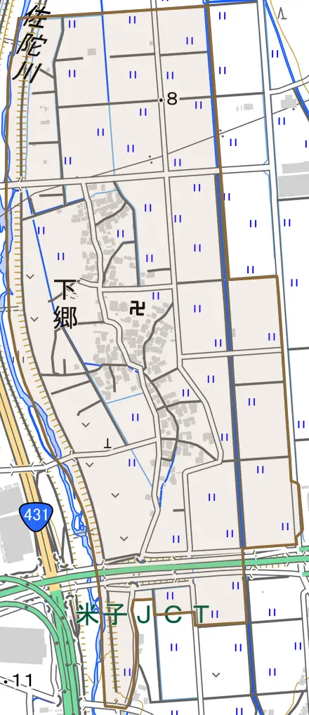 下郷とその周辺の地図。町の範囲を重ねている