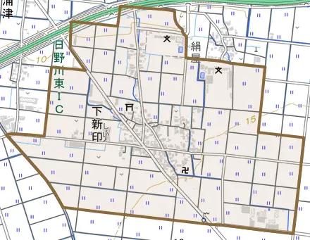 下新印とその周辺の地図。町の範囲を重ねている