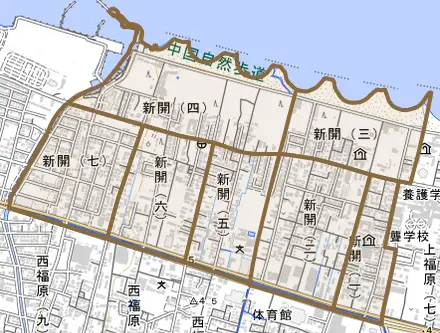 新開とその周辺の地図。町の範囲を重ねている