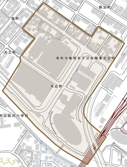 末広町とその周辺の地図。町の範囲を重ねている