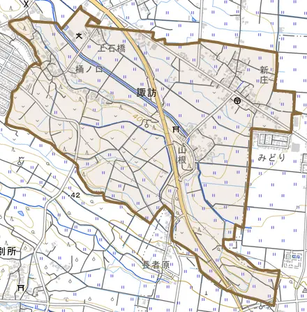 諏訪とその周辺の地図。町の範囲を重ねている