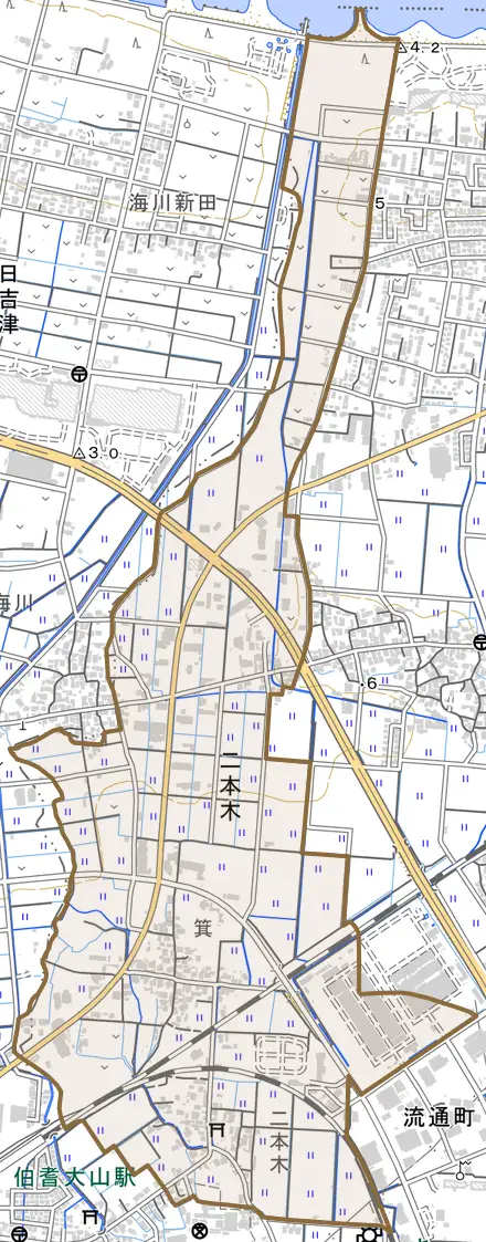 二本木とその周辺の地図。町の範囲を重ねている