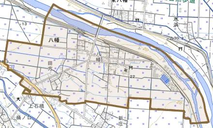八幡とその周辺の地図。町の範囲を重ねている