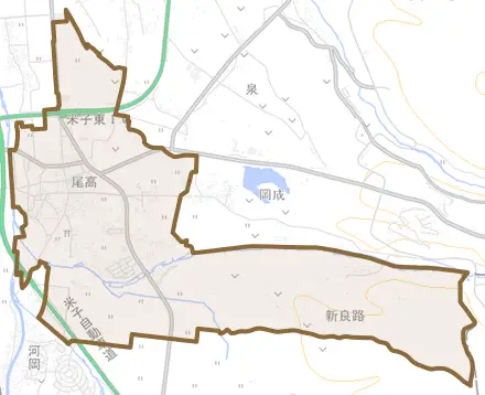 尾高とその周辺の地図。町の範囲を重ねている