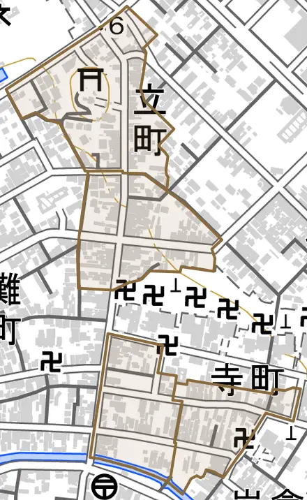 立町とその周辺の地図。町の範囲を重ねている