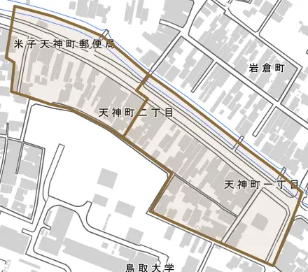 天神町とその周辺の地図。町の範囲を重ねている