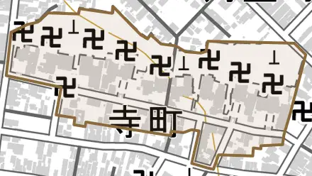 寺町とその周辺の地図。町の範囲を重ねている