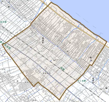 富益町とその周辺の地図。町の範囲を重ねている