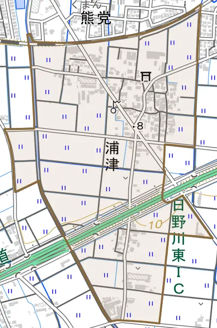 浦津とその周辺の地図。町の範囲を重ねている