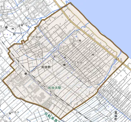 和田町とその周辺の地図。町の範囲を重ねている